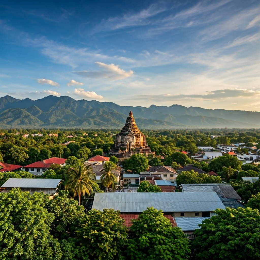 A photo of Chiang Mai city with mountains, ancient temples, and lush greenery in the background. (Chiang Mai Things to Do)