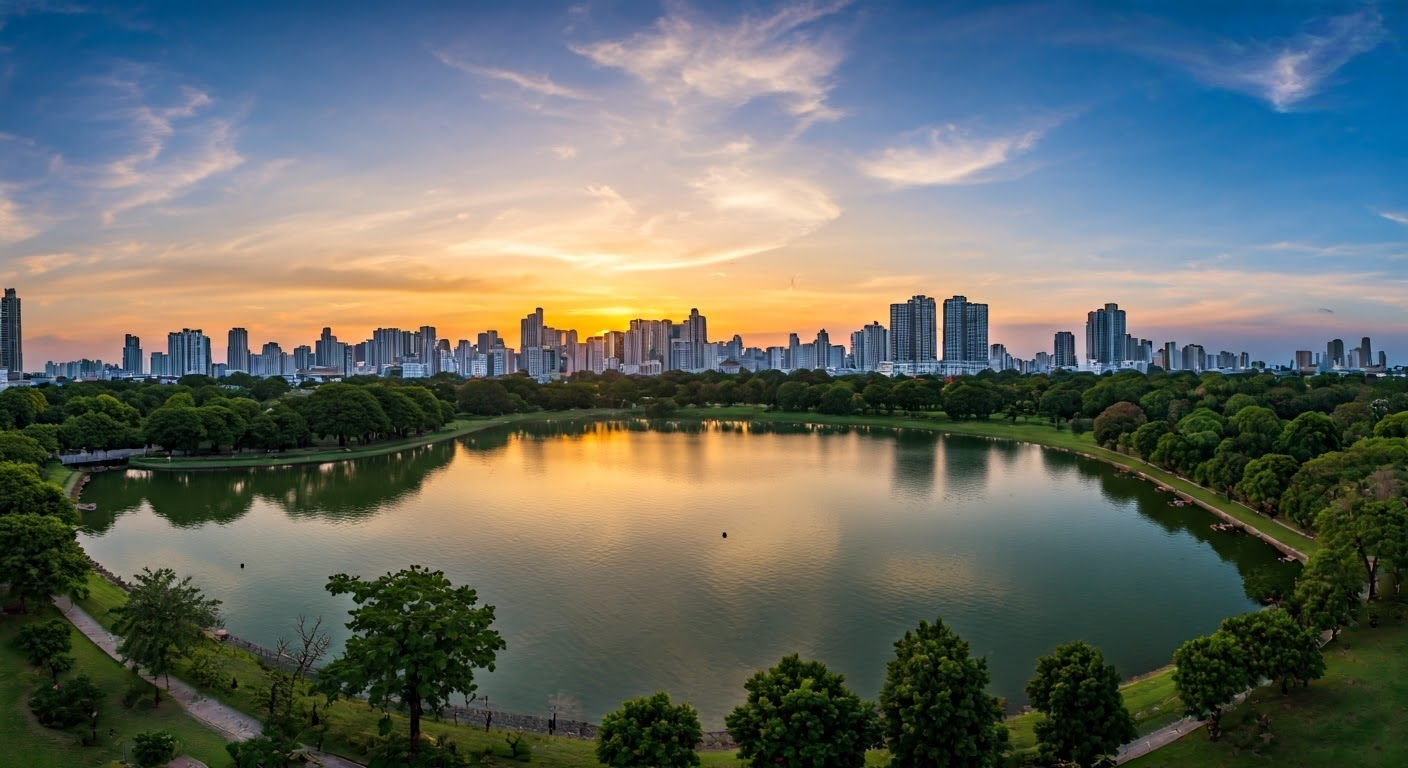 Overview of Lumpini Park Bangkok at sunset.