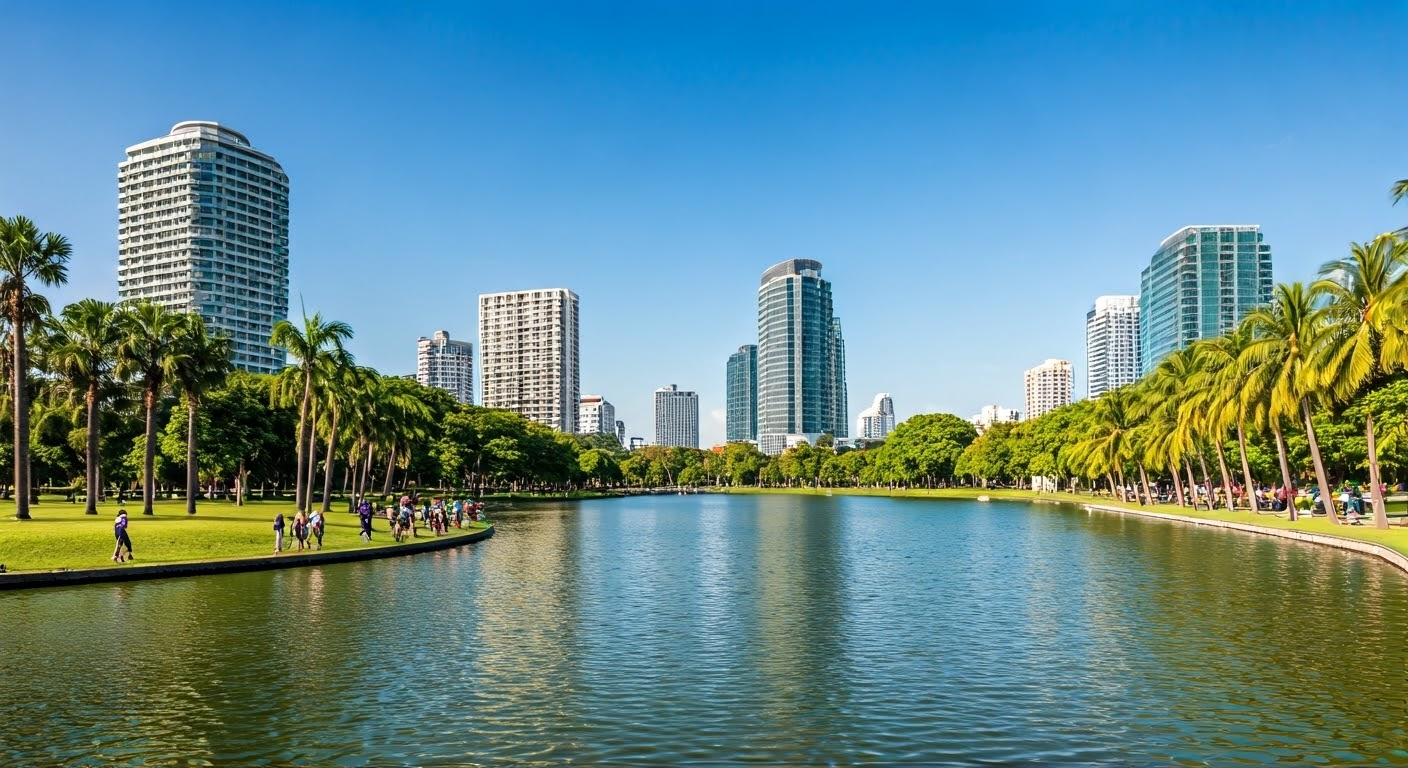 Lumpini Park's greenery and lake view.